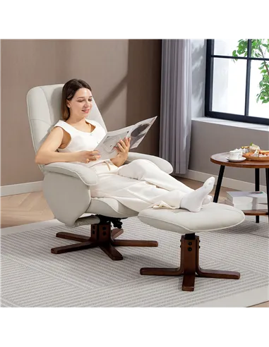 HOMCOM Linen Swivel Recliner Chair with Footstool, Upholstered Reclining Armchair with Wooden Base for Living Room, Beige