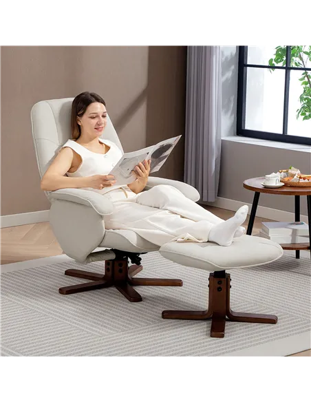 HOMCOM Linen Swivel Recliner Chair with Footstool, Upholstered Reclining Armchair with Wooden Base for Living Room, Beige
