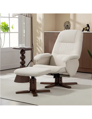 HOMCOM Linen Swivel Recliner Chair with Footstool, Upholstered Reclining Armchair with Wooden Base for Living Room, Beige