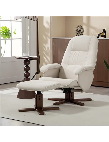HOMCOM Linen Swivel Recliner Chair with Footstool, Upholstered Reclining Armchair with Wooden Base for Living Room, Beige