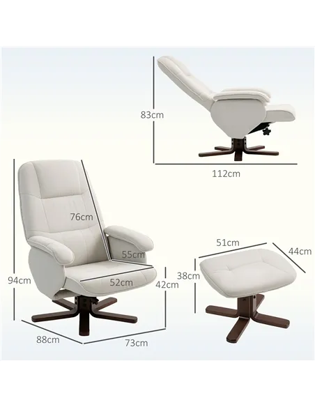 HOMCOM Linen Swivel Recliner Chair with Footstool, Upholstered Reclining Armchair with Wooden Base for Living Room, Beige