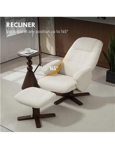HOMCOM Linen Swivel Recliner Chair with Footstool, Upholstered Reclining Armchair with Wooden Base for Living Room, Beige