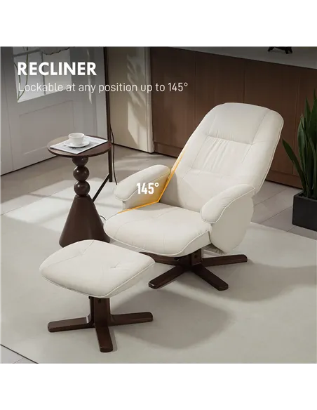 HOMCOM Linen Swivel Recliner Chair with Footstool, Upholstered Reclining Armchair with Wooden Base for Living Room, Beige