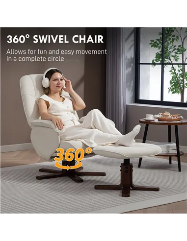HOMCOM Linen Swivel Recliner Chair with Footstool, Upholstered Reclining Armchair with Wooden Base for Living Room, Beige