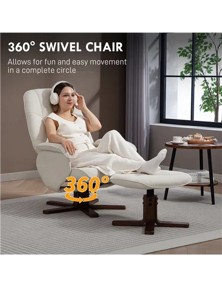 HOMCOM Linen Swivel Recliner Chair with Footstool, Upholstered Reclining Armchair with Wooden Base for Living Room, Beige