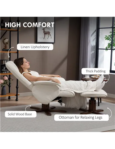 HOMCOM Linen Swivel Recliner Chair with Footstool, Upholstered Reclining Armchair with Wooden Base for Living Room, Beige