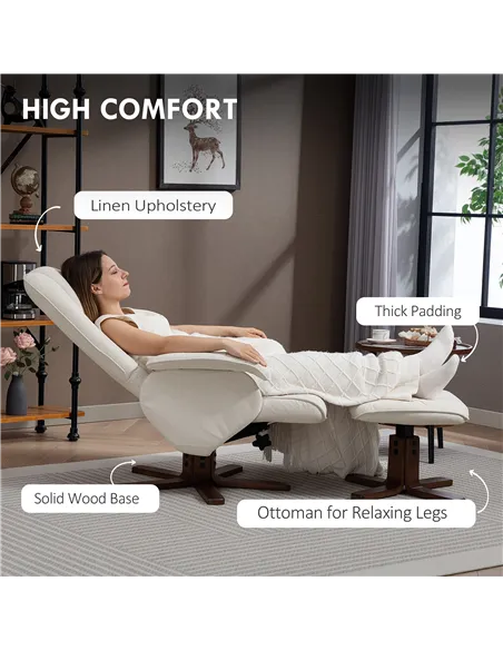 HOMCOM Linen Swivel Recliner Chair with Footstool, Upholstered Reclining Armchair with Wooden Base for Living Room, Beige