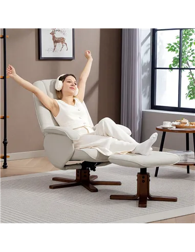 HOMCOM Linen Swivel Recliner Chair with Footstool, Upholstered Reclining Armchair with Wooden Base for Living Room, Beige