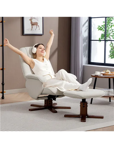 HOMCOM Linen Swivel Recliner Chair with Footstool, Upholstered Reclining Armchair with Wooden Base for Living Room, Beige