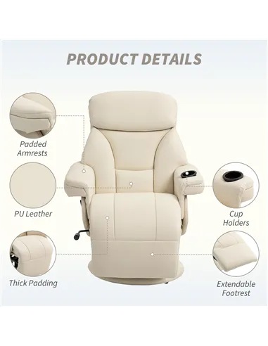 HOMCOM Manual Recliner Chair with Footrest, Upholstered Reclining Armchair with Adjustable Backrest and Cup Holder, PU Leather S