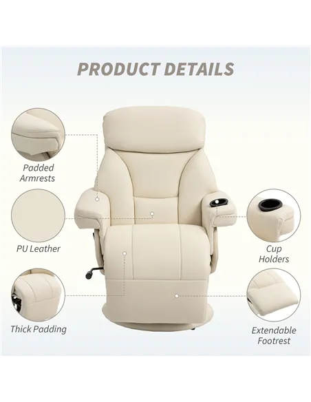 HOMCOM Manual Recliner Chair with Footrest, Upholstered Reclining Armchair with Adjustable Backrest and Cup Holder, PU Leather S