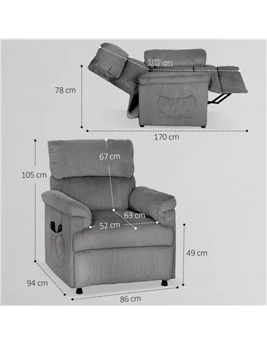HOMCOM Corduroy Electric Massage Recliner - Grey