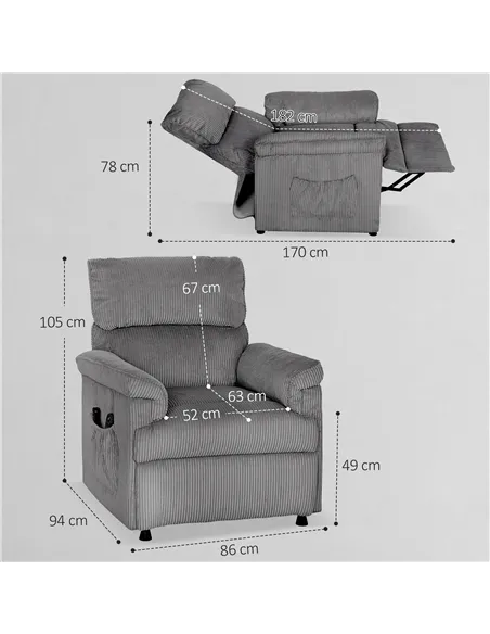 HOMCOM Corduroy Electric Massage Recliner - Grey