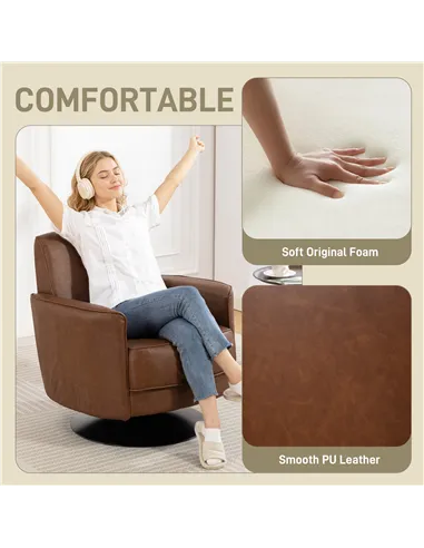 HOMCOM Upholstered Swivel Accent Chair with Thick Padding, Brown