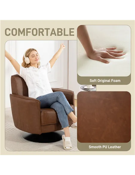 HOMCOM Upholstered Swivel Accent Chair with Thick Padding, Brown