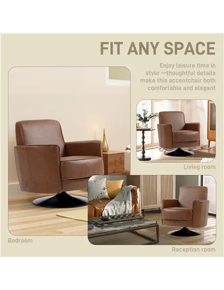 HOMCOM Upholstered Swivel Accent Chair with Thick Padding, Brown