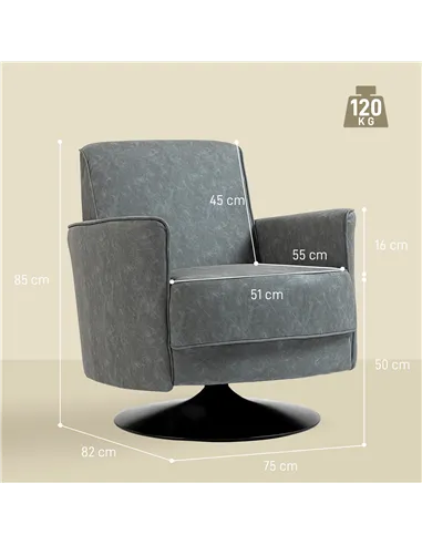 HOMCOM Upholstered Swivel Accent Chair with Thick Padding, Grey
