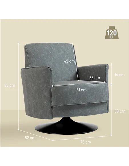 HOMCOM Upholstered Swivel Accent Chair with Thick Padding, Grey