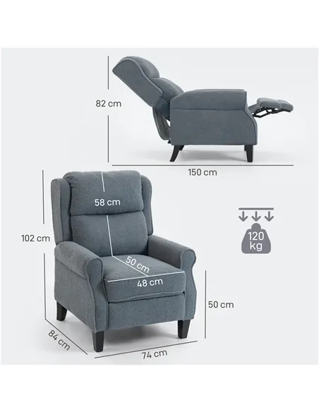 HOMCOM Recliner Armchair with Extended Leg Rest - Grey