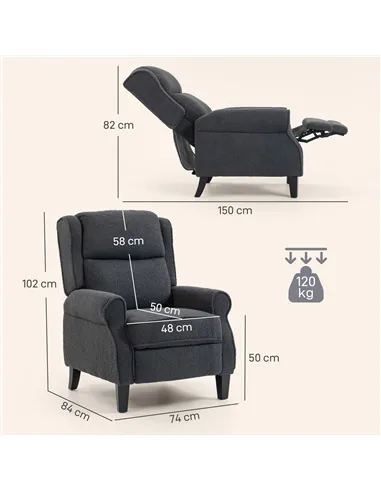 HOMCOM 132° Recliner Armchair, with Extended Footrest - Dark Grey