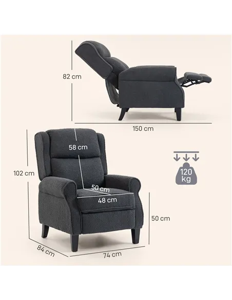 HOMCOM 132° Recliner Armchair, with Extended Footrest - Dark Grey