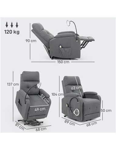 HOMCOM Electric Rise/Recline Armchair, with Reading Light - Grey