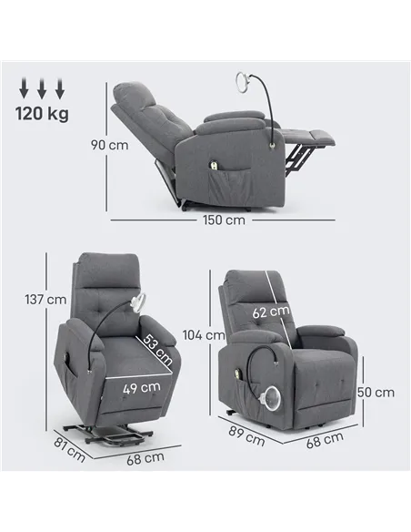 HOMCOM Electric Rise/Recline Armchair, with Reading Light - Grey