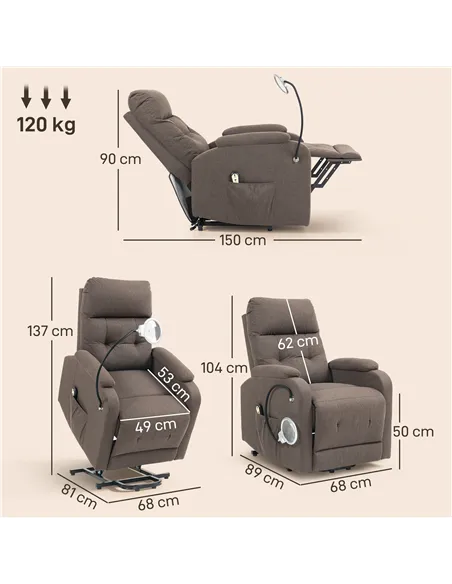 HOMCOM Electric Rise/Recline Armchair, with Reading Light - Brown