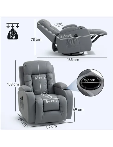 HOMCOM Massage Recliner Armchair, PU Leather Recliner Chair, Grey