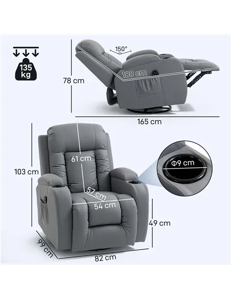 HOMCOM Massage Recliner Armchair, PU Leather Recliner Chair, Grey