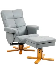 HOMCOM PU Leather Swivel Recliner Chair with Footstool, Wooden Base and Storage for Living Room, Light Grey