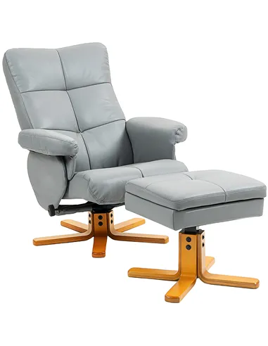 HOMCOM PU Leather Swivel Recliner Chair with Footstool, Wooden Base and Storage for Living Room, Light Grey