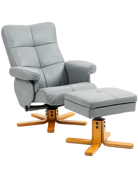 HOMCOM PU Leather Swivel Recliner Chair with Footstool, Wooden Base and Storage for Living Room, Light Grey