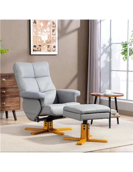 HOMCOM PU Leather Swivel Recliner Chair with Footstool, Wooden Base and Storage for Living Room, Light Grey