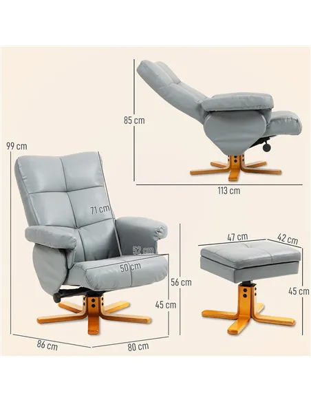 HOMCOM PU Leather Swivel Recliner Chair with Footstool, Wooden Base and Storage for Living Room, Light Grey