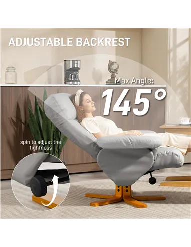 HOMCOM PU Leather Swivel Recliner Chair with Footstool, Wooden Base and Storage for Living Room, Light Grey