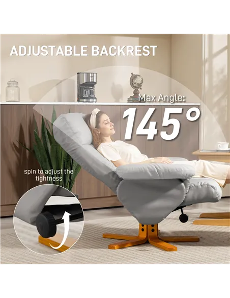 HOMCOM PU Leather Swivel Recliner Chair with Footstool, Wooden Base and Storage for Living Room, Light Grey