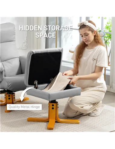 HOMCOM PU Leather Swivel Recliner Chair with Footstool, Wooden Base and Storage for Living Room, Light Grey