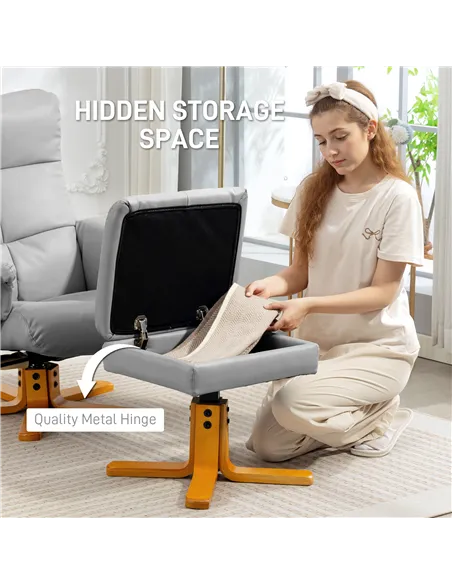 HOMCOM PU Leather Swivel Recliner Chair with Footstool, Wooden Base and Storage for Living Room, Light Grey