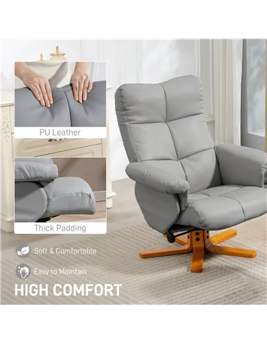 HOMCOM PU Leather Swivel Recliner Chair with Footstool, Wooden Base and Storage for Living Room, Light Grey