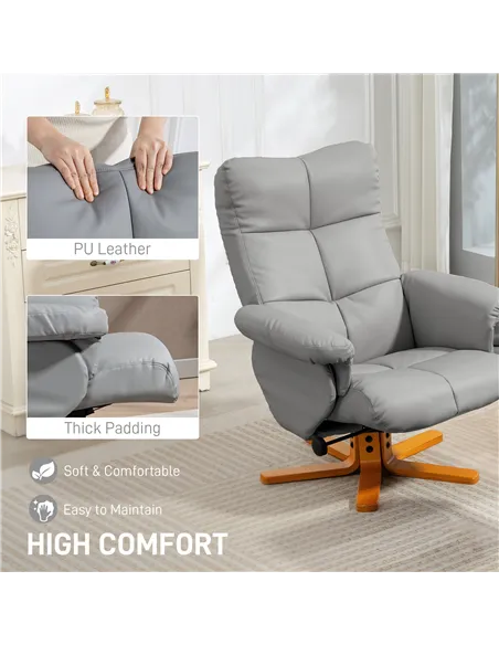 HOMCOM PU Leather Swivel Recliner Chair with Footstool, Wooden Base and Storage for Living Room, Light Grey