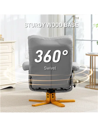 HOMCOM PU Leather Swivel Recliner Chair with Footstool, Wooden Base and Storage for Living Room, Light Grey