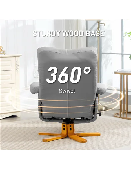 HOMCOM PU Leather Swivel Recliner Chair with Footstool, Wooden Base and Storage for Living Room, Light Grey
