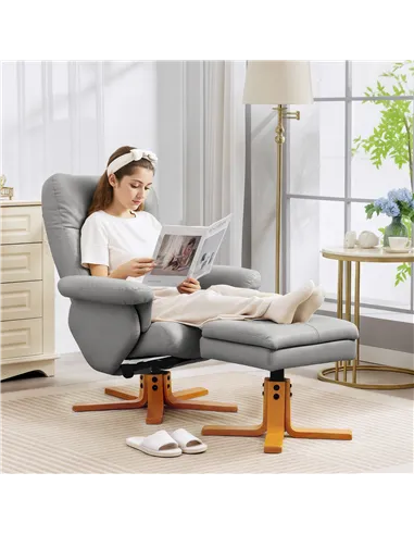 HOMCOM PU Leather Swivel Recliner Chair with Footstool, Wooden Base and Storage for Living Room, Light Grey