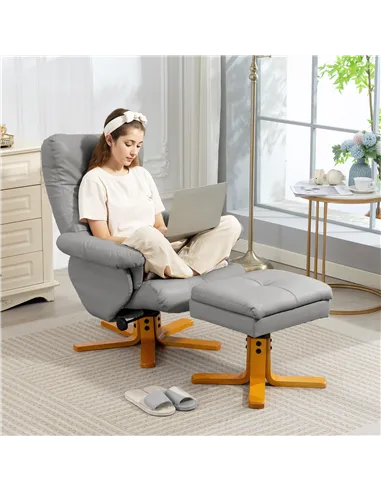HOMCOM PU Leather Swivel Recliner Chair with Footstool, Wooden Base and Storage for Living Room, Light Grey