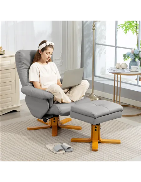 HOMCOM PU Leather Swivel Recliner Chair with Footstool, Wooden Base and Storage for Living Room, Light Grey