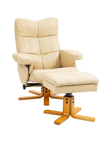 HOMCOM PU Leather Swivel Recliner Chair with Footstool, Wooden Base and Storage for Living Room, Beige