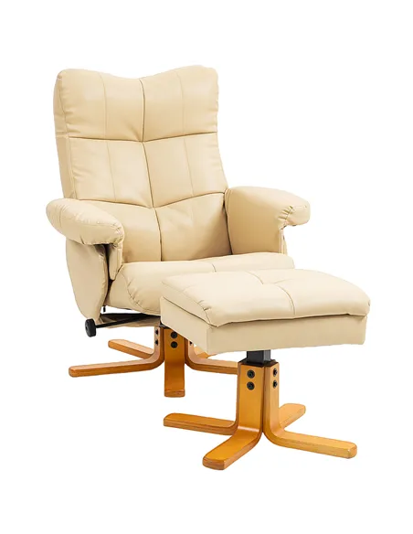 HOMCOM PU Leather Swivel Recliner Chair with Footstool, Wooden Base and Storage for Living Room, Beige