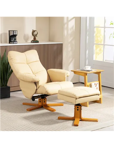 HOMCOM PU Leather Swivel Recliner Chair with Footstool, Wooden Base and Storage for Living Room, Beige