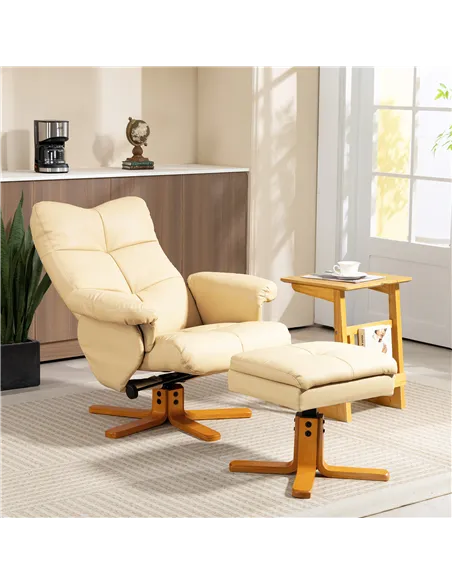 HOMCOM PU Leather Swivel Recliner Chair with Footstool, Wooden Base and Storage for Living Room, Beige
